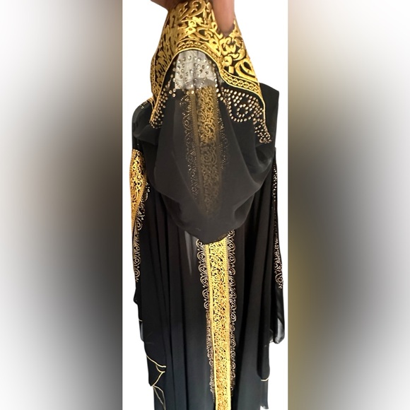 Black and Gold embroidered Women's Cloak hooded Dubai Arabic kimono Abaya (#3) - Picture 9 of 11